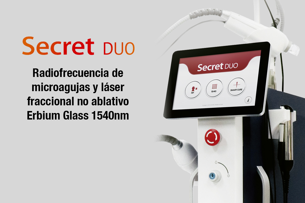 SECRET DUO ofrece tecnologías duales fraccionarias no ablativas de radiofrecuencia de microagujas y láser de vidrio de erbio de 1540nm en un solo dispositivo como una solución total para sus tratamientos estéticos